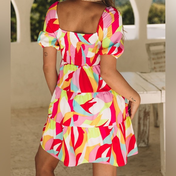 Multicolor Geometric Print Smocked Babydoll Mini Dress - Picture 2 of 4